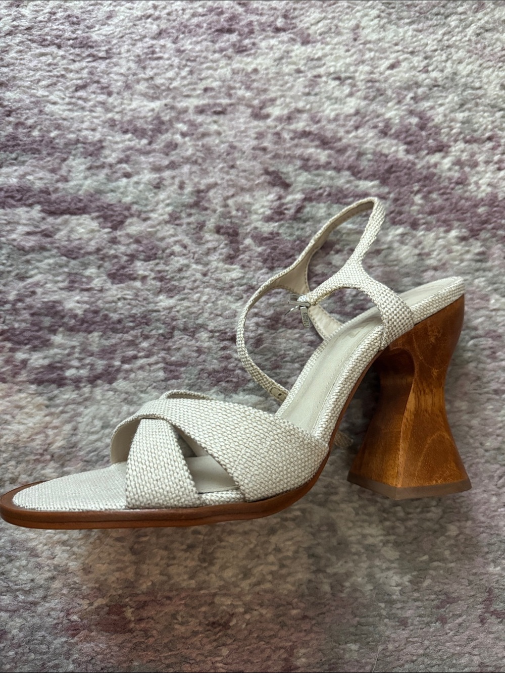 NEW SCHUTZ Cream Textured Strap Sandal with Sculpted Wood Heel
